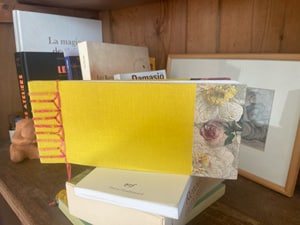 Carnet fait main par Alix-Anne Llinas, reliure japonaise, crédits photo Alix-Anne Llinas Carnet fait main, avec une reliure japonaise, une couverture jaune et une bande de tissu floral, dans une bibliothèque